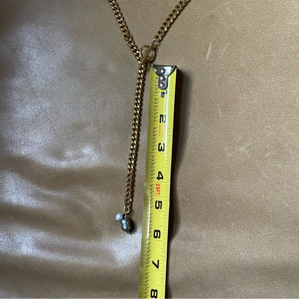 Genuine pearl gray blue on gold plated curb chain lariat toggle clasp necklace - Picture 8 of 10